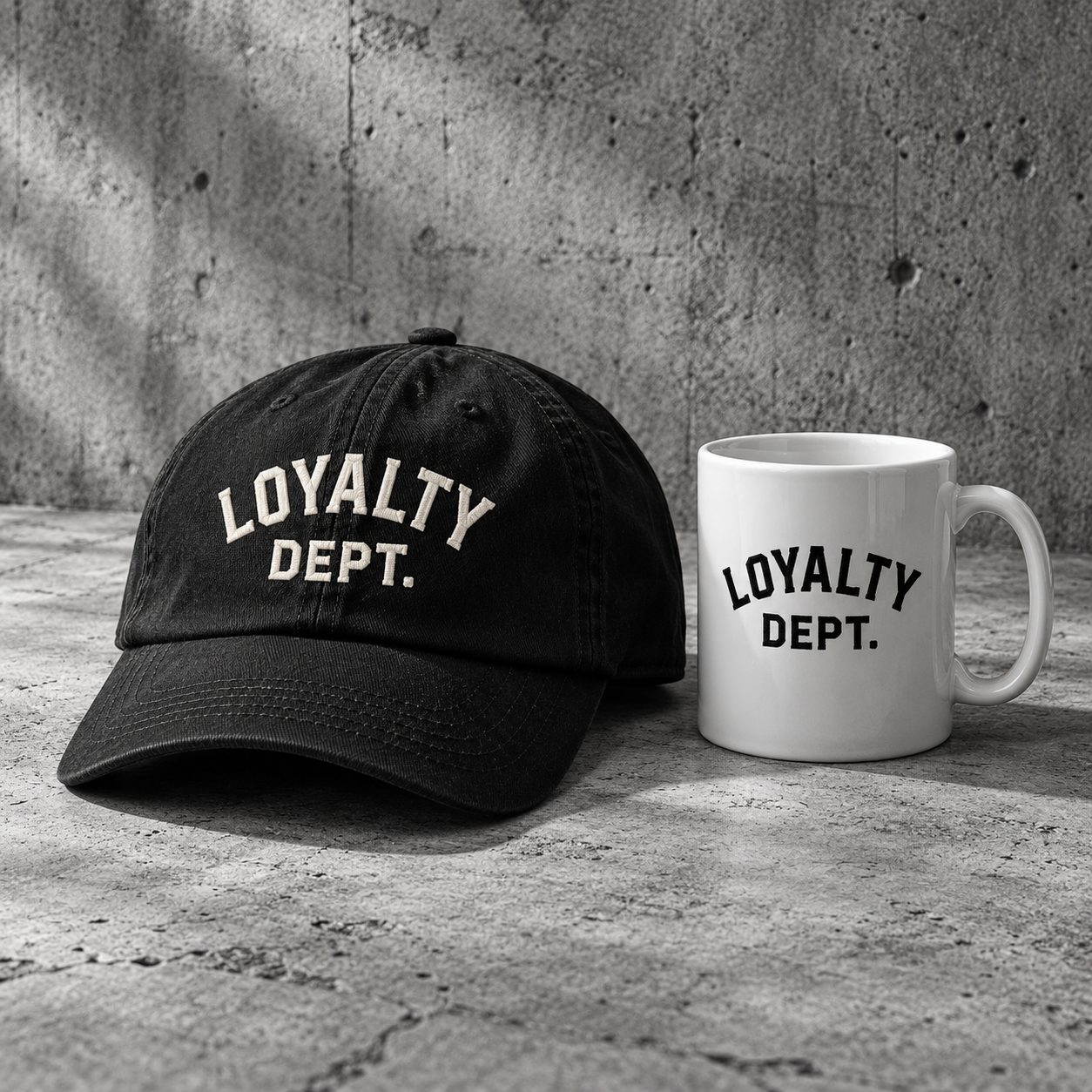 Loyalty Dept. branded cap and ceramic mug concepts