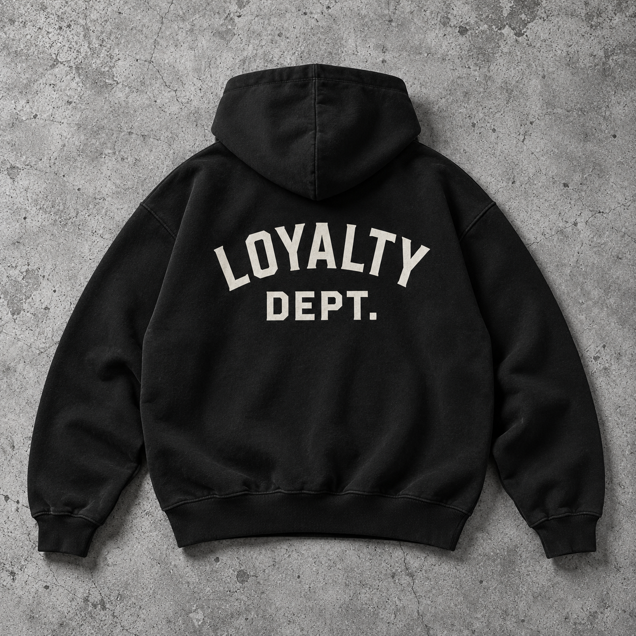 Black Loyalty Dept. hoodie with a white back print concept